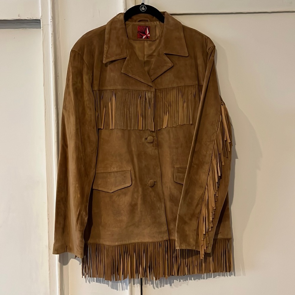 NWOT-Light brown suede, fully lined, lightweight fringed  jacket